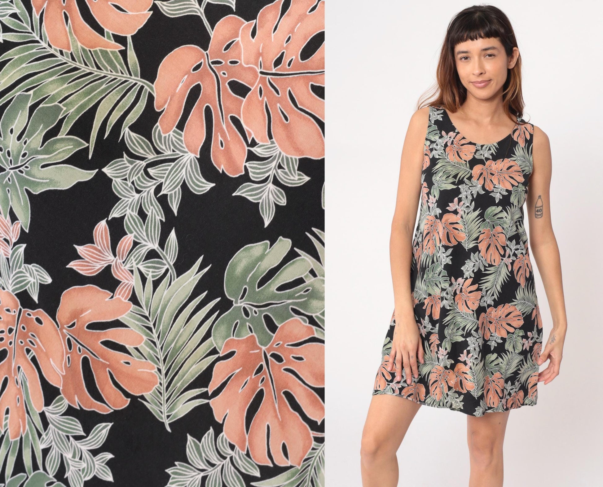 90s Pau Hana Tropical Mini Dress Black Coral Monstera Cotton Small S