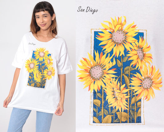 90s San Diego Sunflower Graphic Tee White Cotton T Shirt Large L