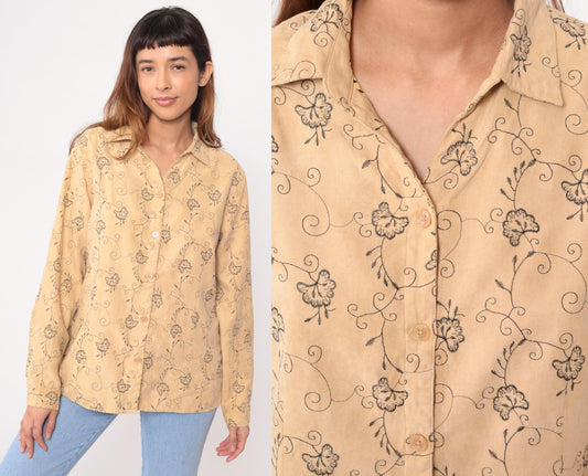90s Sag Harbor Floral Embroidered Blouse Cream Long Sleeve Collared Large L