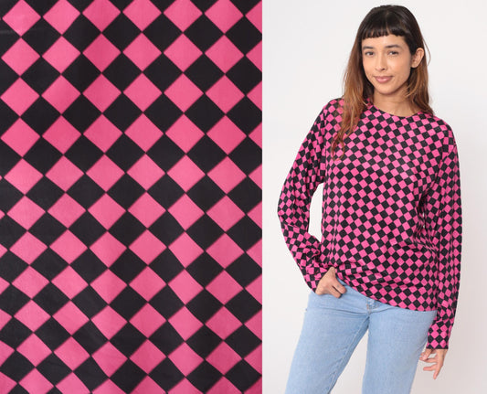 90s Checkerboard Blouse Pink Black Diamond Pattern Keyhole Back Large