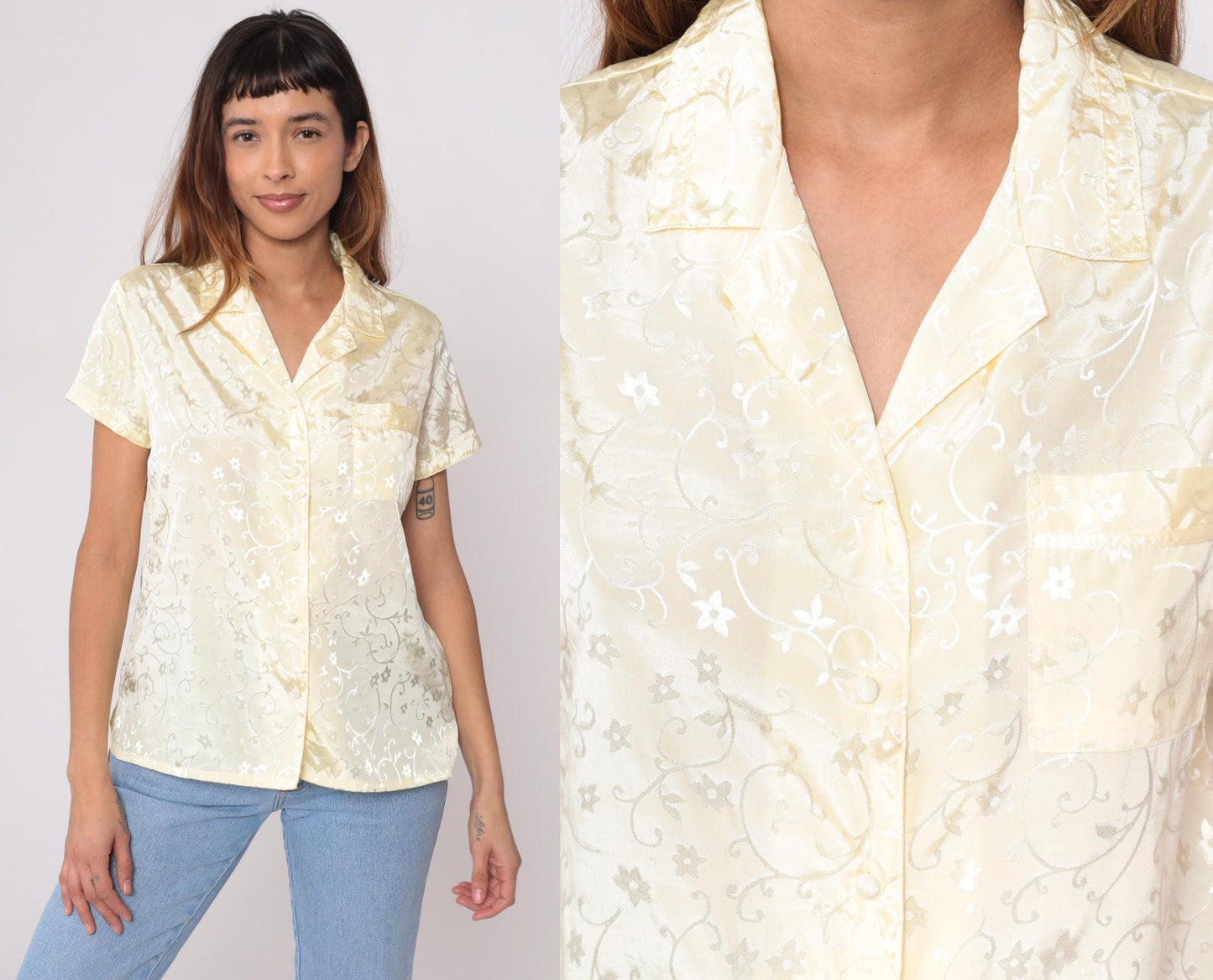 90s Cinema Etoile Cream Floral Button Blouse Short Sleeve Medium M