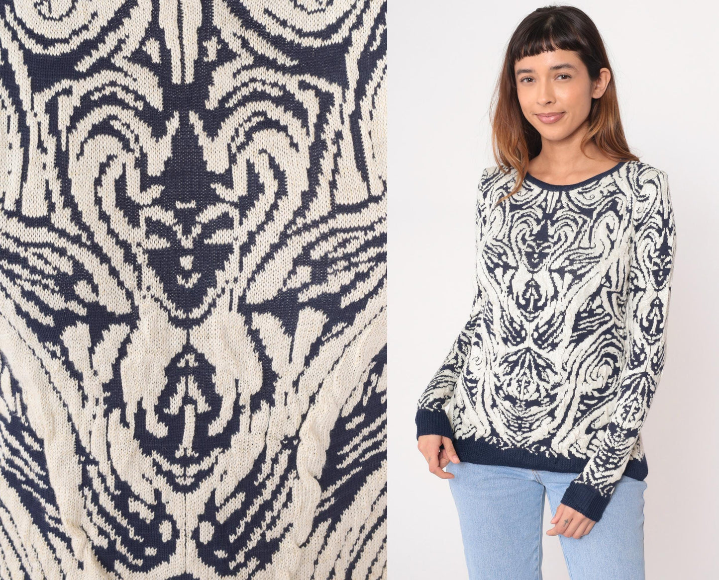 90s Navy Cream Damask Knit Sweater Crew Neck Pullover Medium