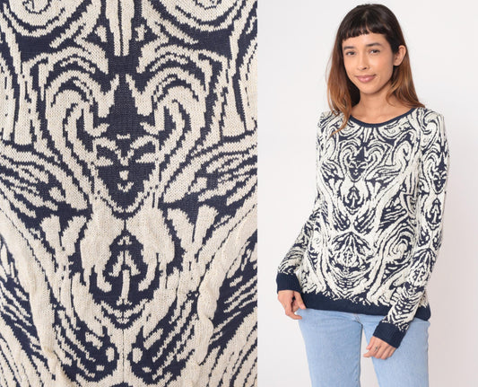 90s Navy Cream Damask Knit Sweater Crew Neck Pullover Medium
