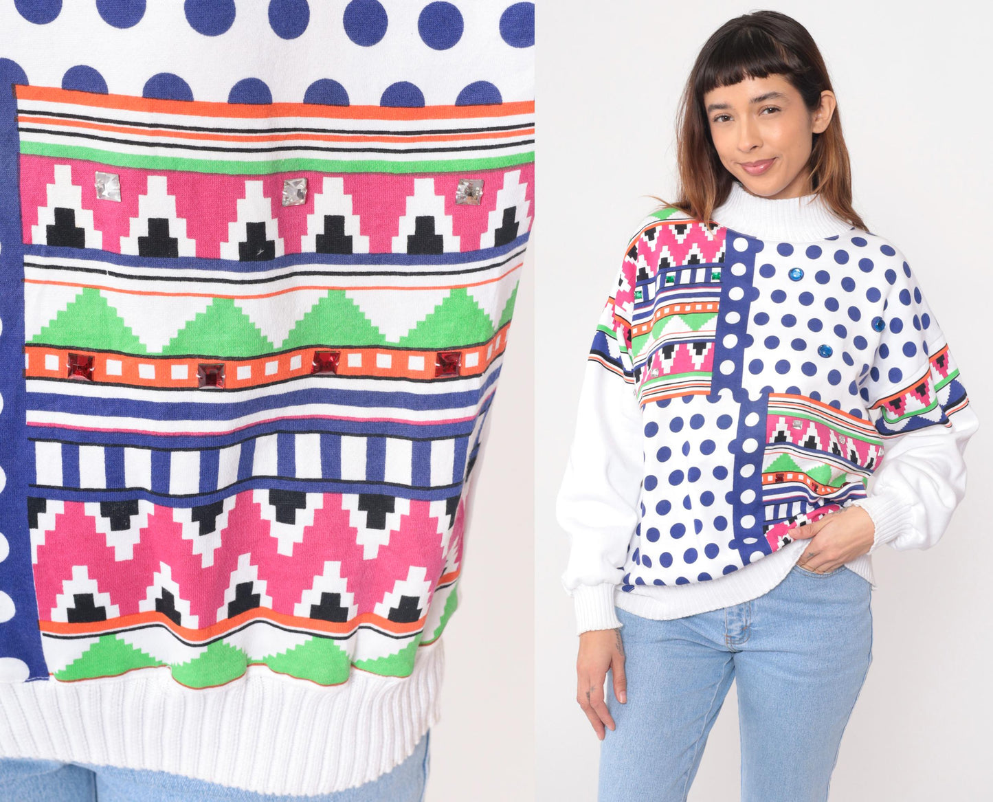90s Architect Geometric Sweatshirt White Multicolor Tribal Print Medium M