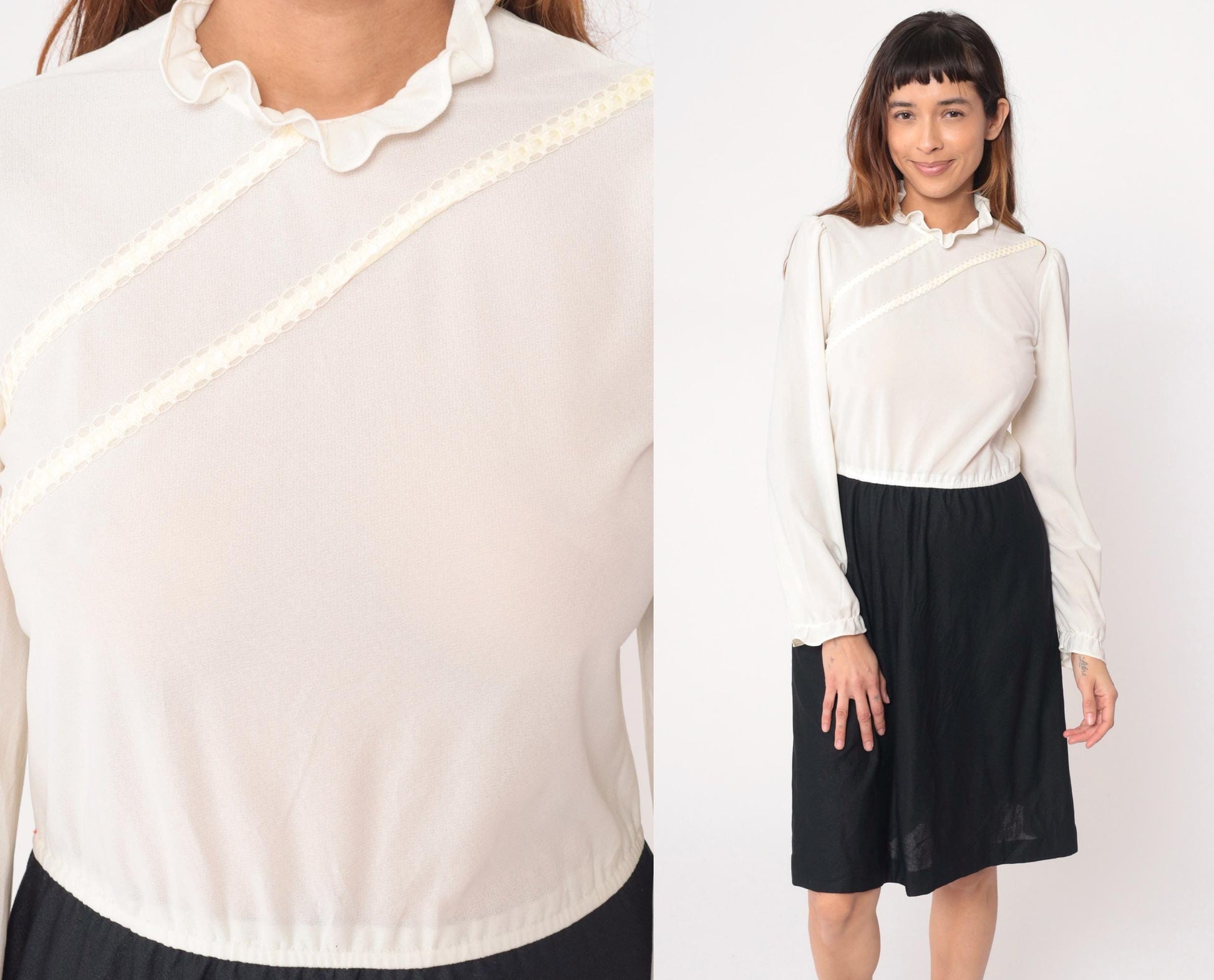 70s Jerell of Texas Black White Color-Block Dress Long Sleeve Ruffled Collar Large L
