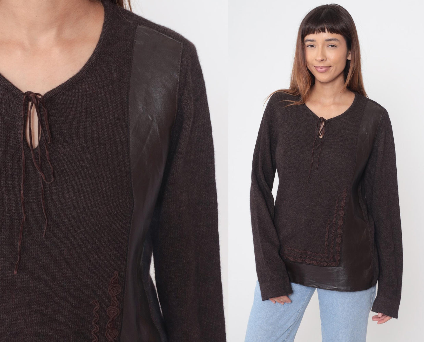 Y2K Brown Merino Wool V-Neck Sweater Lace-Up Embroidered Tie Front Large L