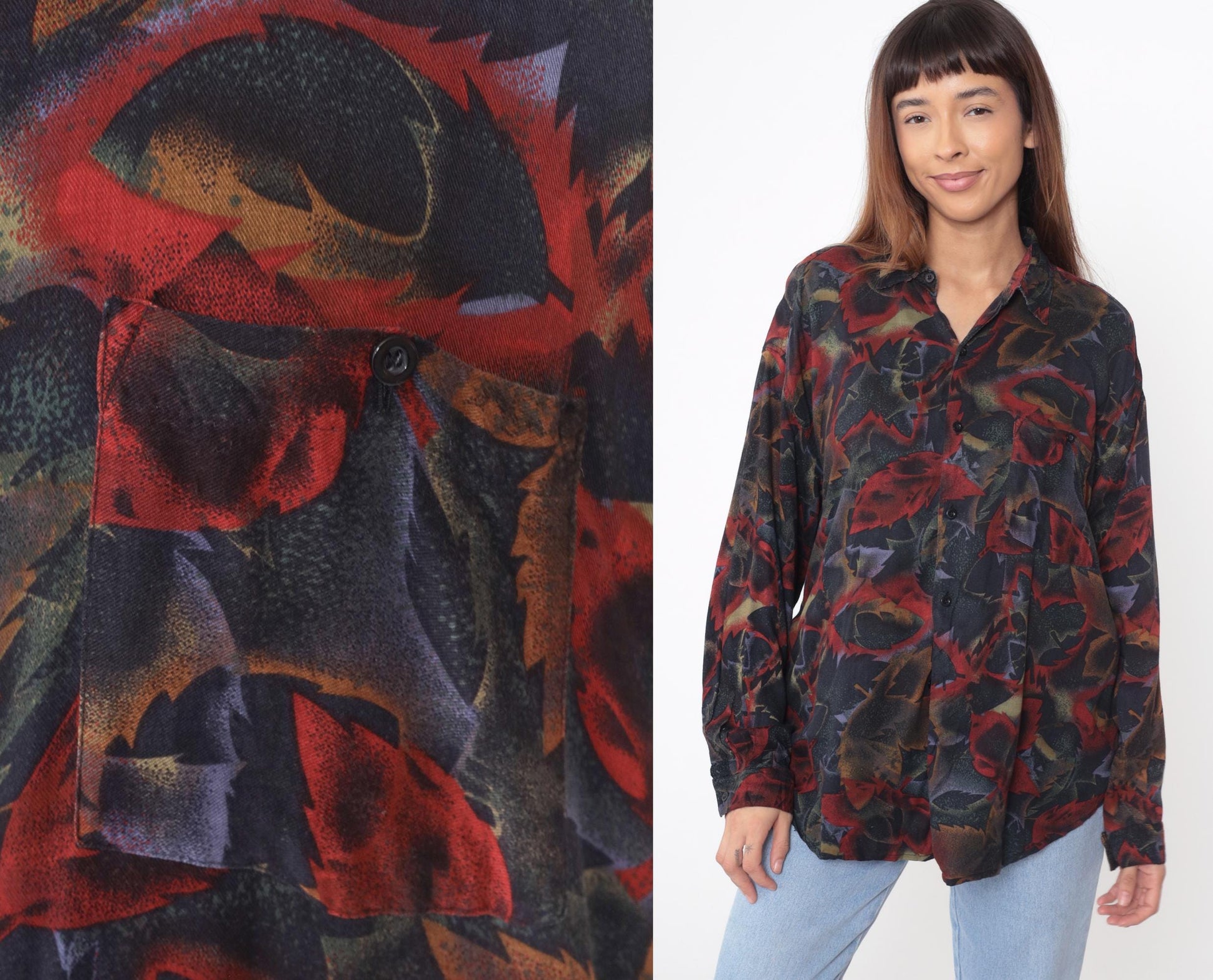 90s Jazzman Sportswear Leaf Print Button-Up Blouse Long Sleeve Multicolor Extra Large XXL