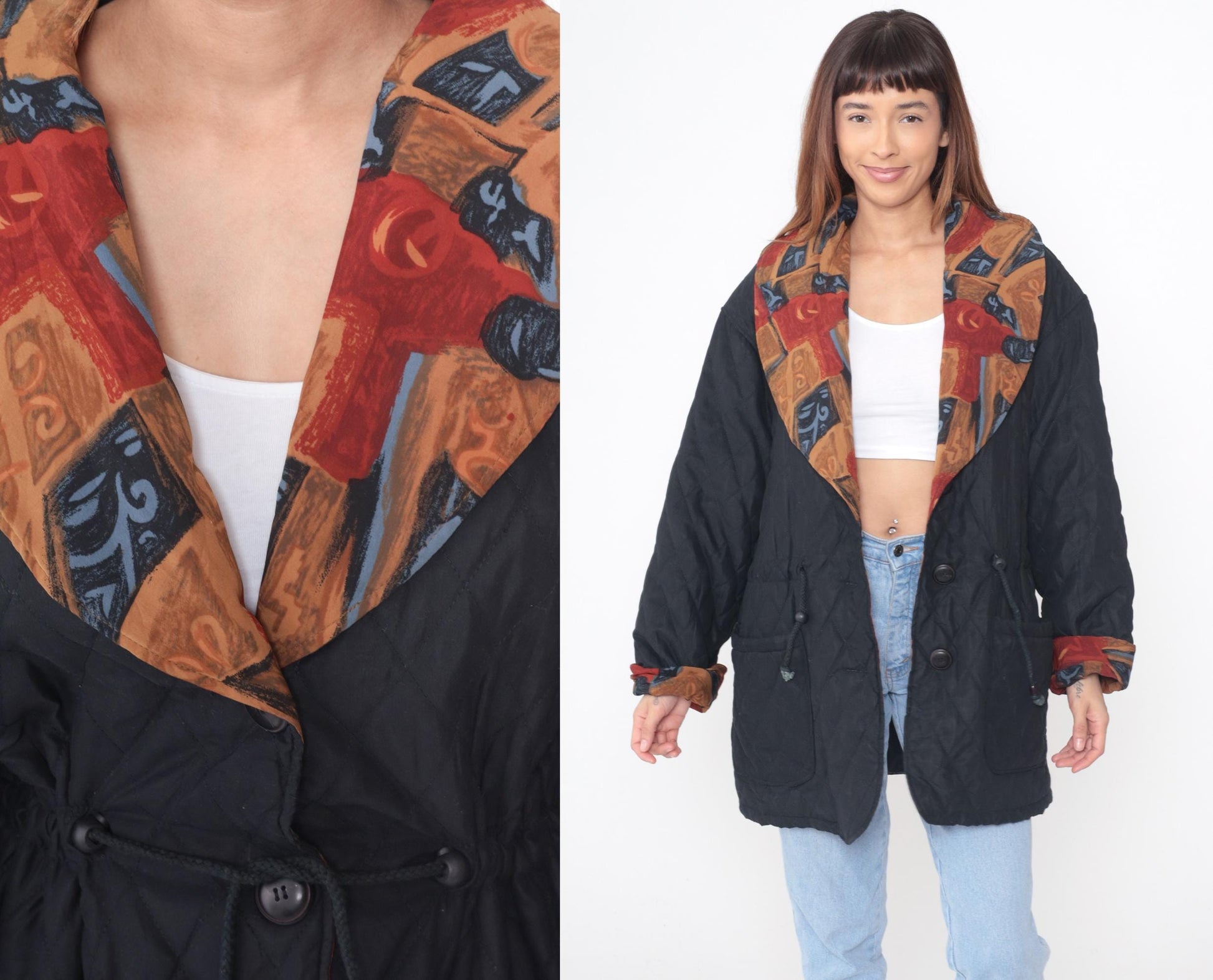 90s Quilted Jacket Black Button Front Geometric Print Collar Lining Large