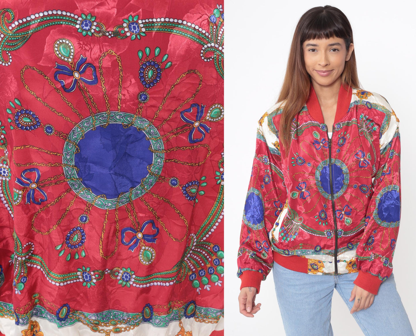 90s Red Bomber Jacket Medallion Paisley Print Windbreaker Large L