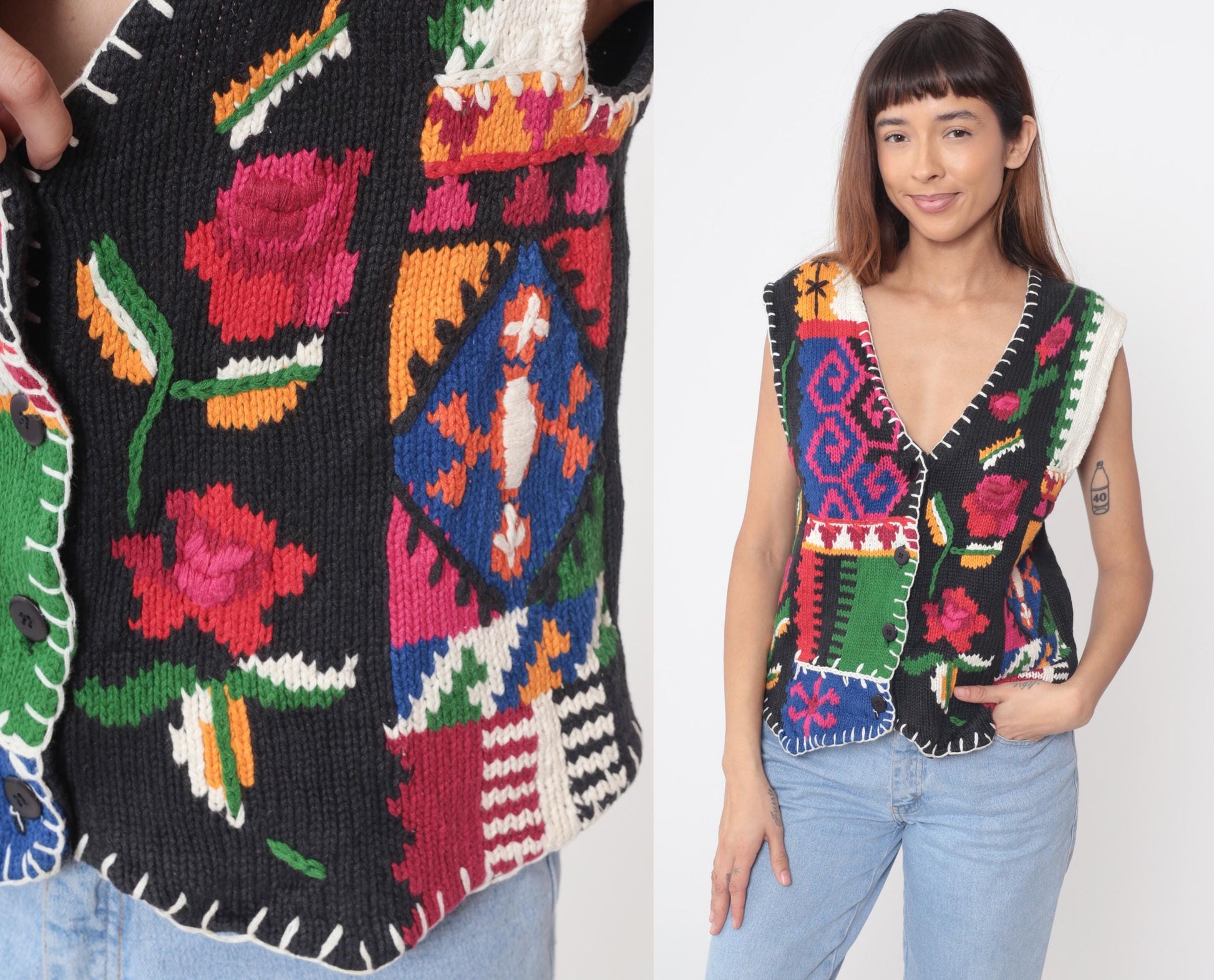90s Pendleton Patchwork Vest Multicolor Geometric Floral Deep V-Neck Small