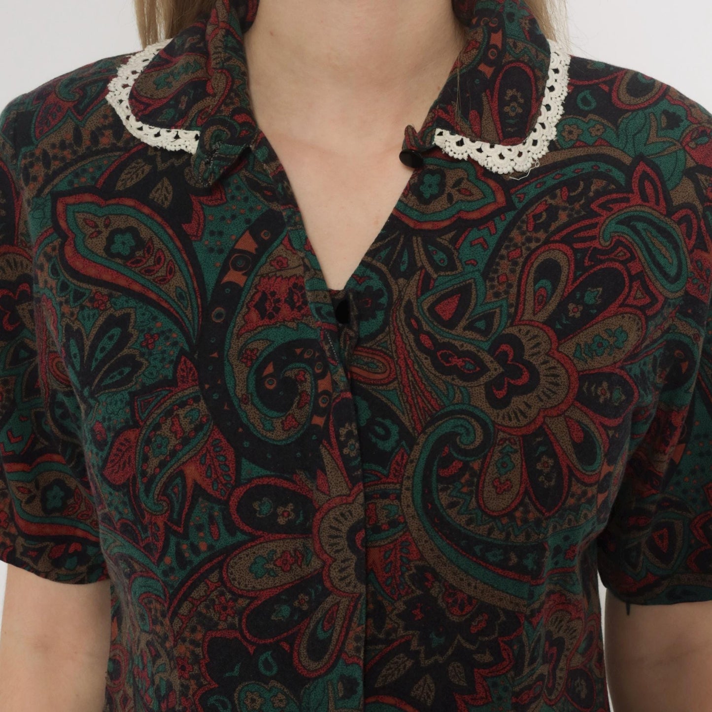 70s Paisley Dress Burgundy Green Brown Crochet Collar Knee Length Medium