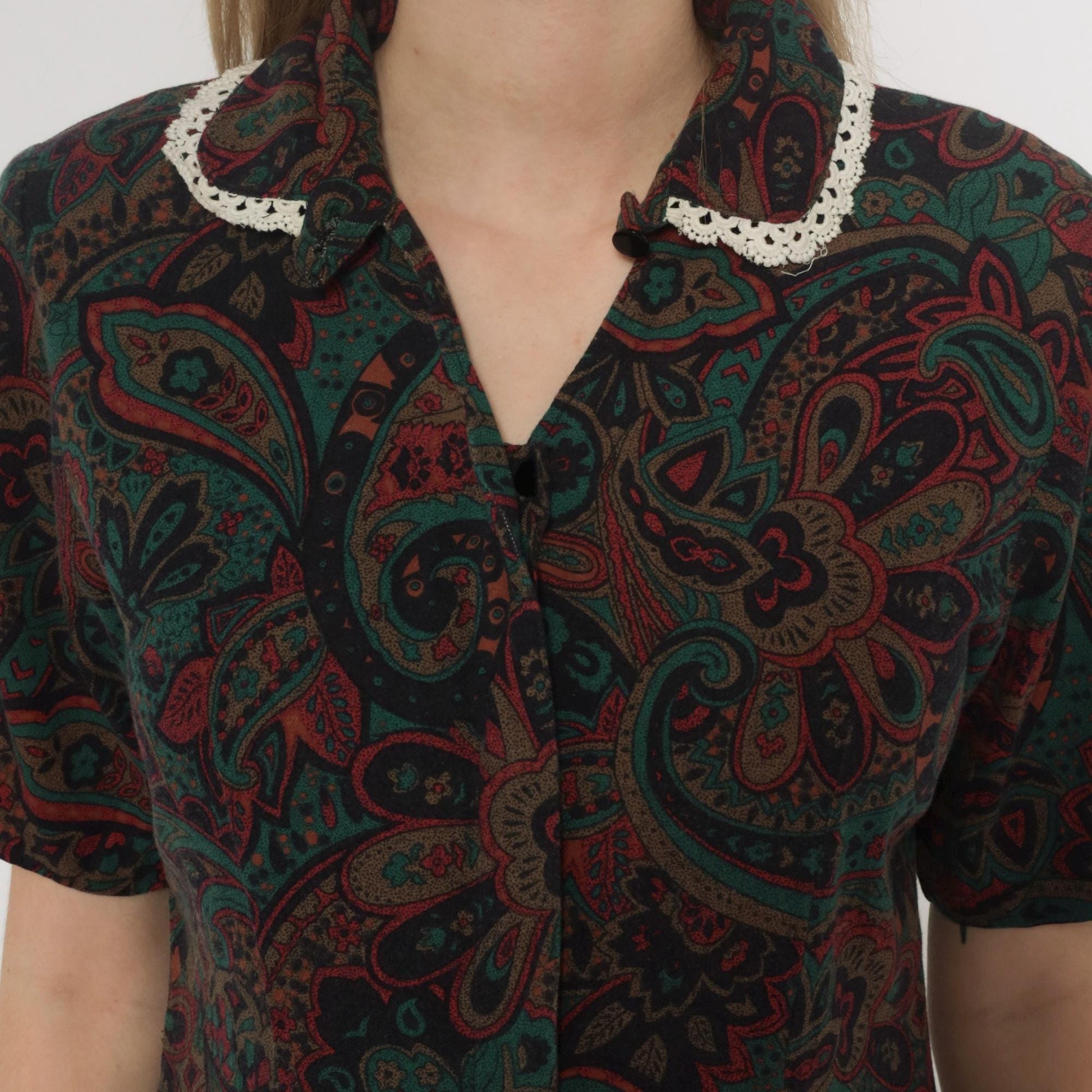 70s Paisley Dress Burgundy Green Brown Crochet Collar Knee Length Medium