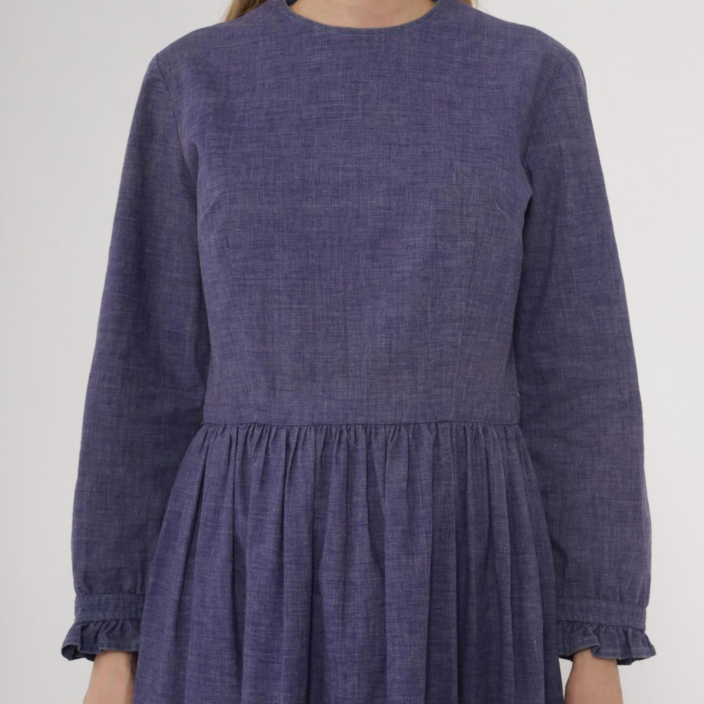 60s Purple Midi Dress Long Sleeve Gathered Waist A-Line Crew Neck Medium M