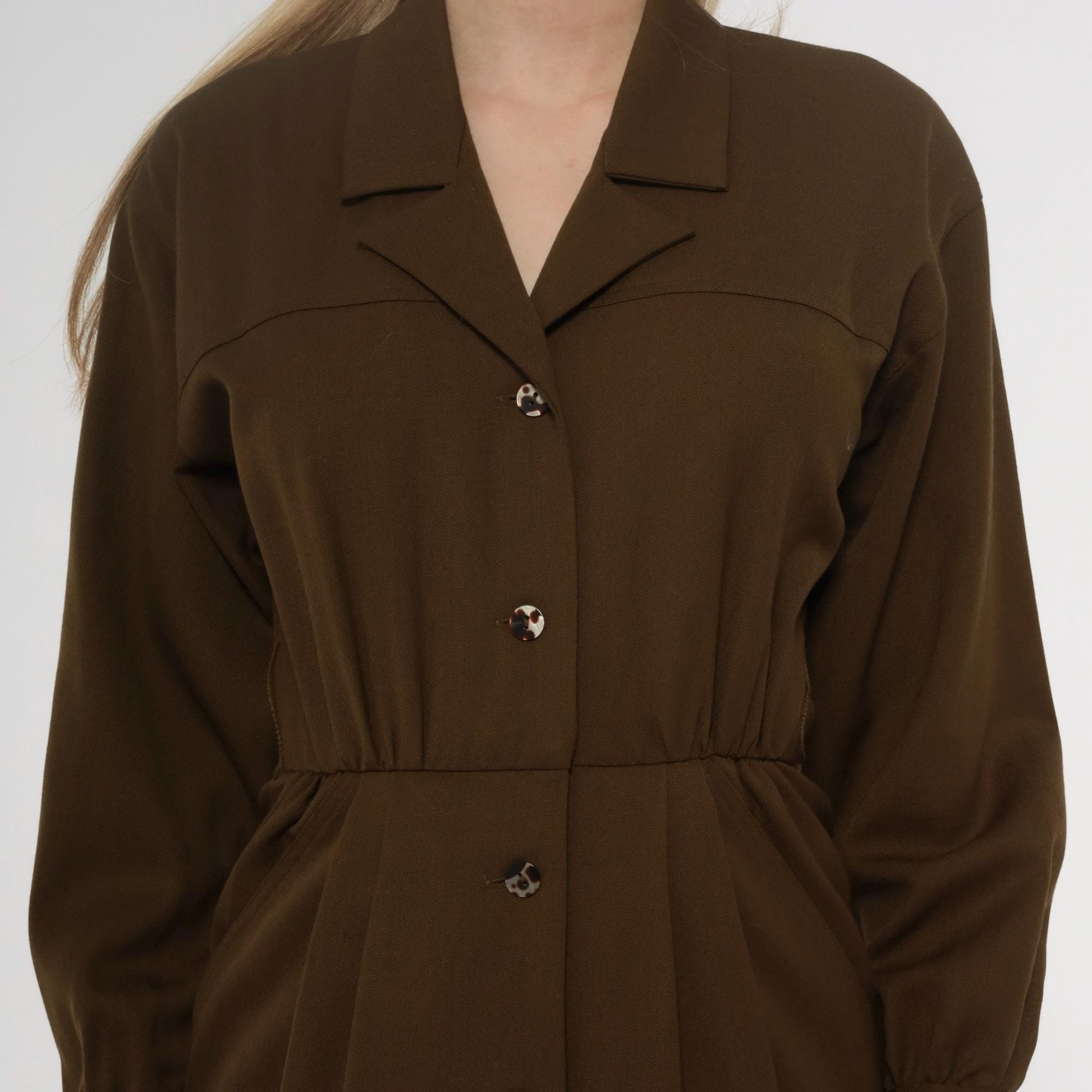 80s Bill Geoffreys Wool Shirt Dress Olive Brown Knee Length XS
