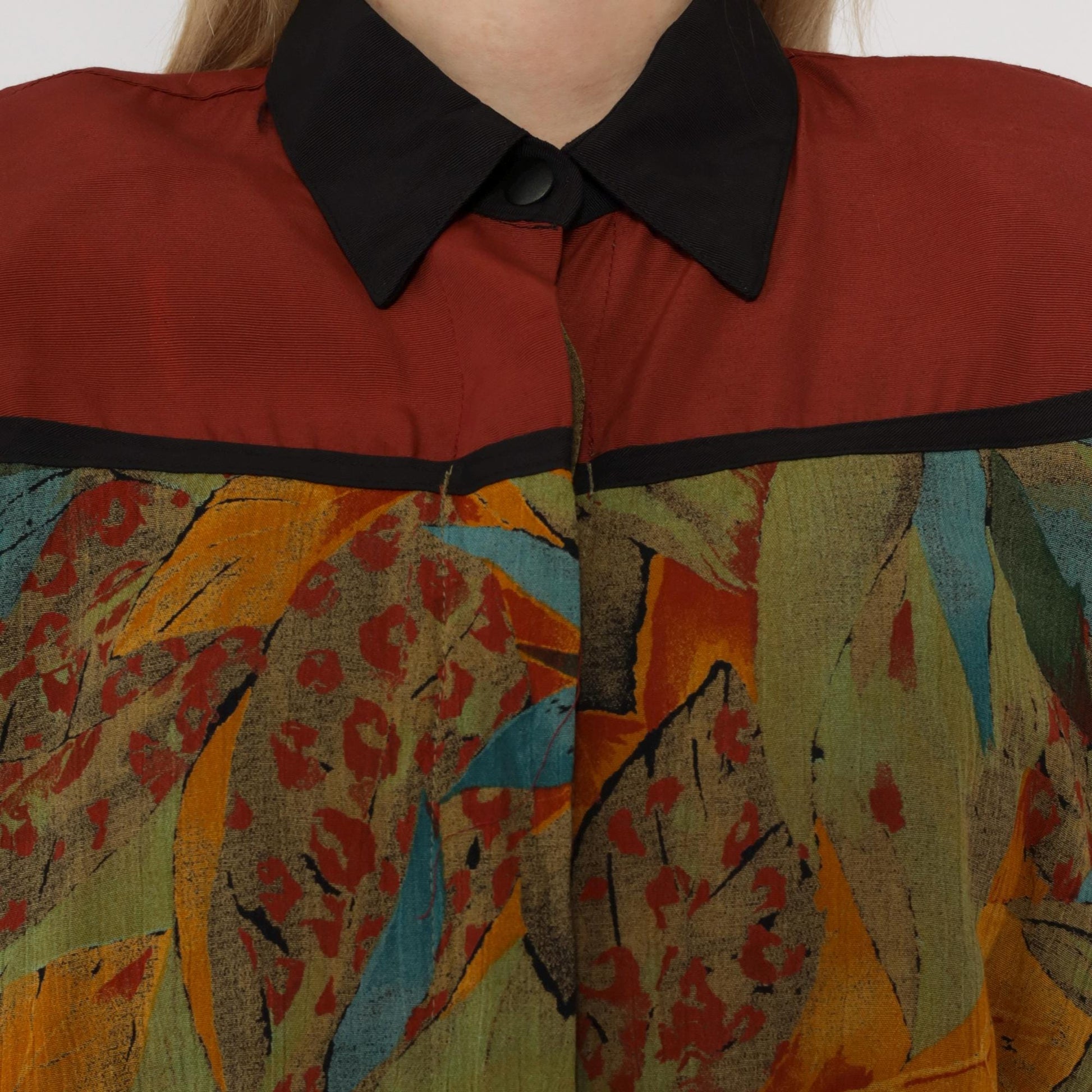 90s Colorblock Leaf Print Button-Up Shirt Rust Olive Yellow Medium