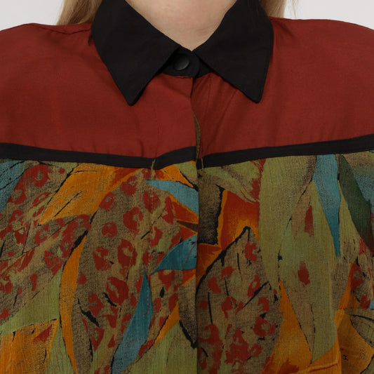 90s Colorblock Leaf Print Button-Up Shirt Rust Olive Yellow Medium
