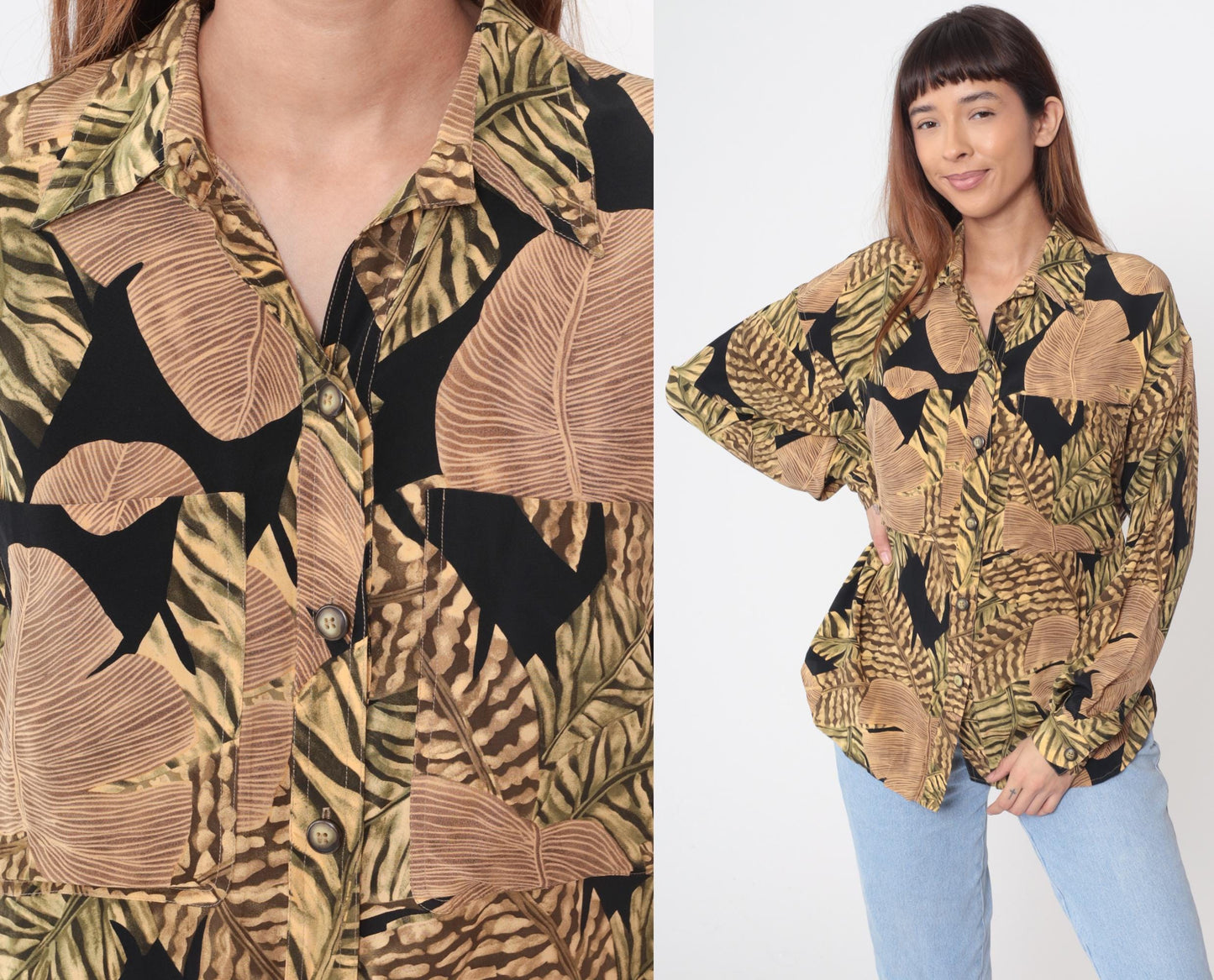 90s Liz Claiborne Silk Blouse Tropical Leaf Print Black Brown Gold Medium