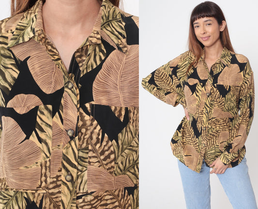 90s Liz Claiborne Silk Blouse Tropical Leaf Print Black Brown Gold Medium