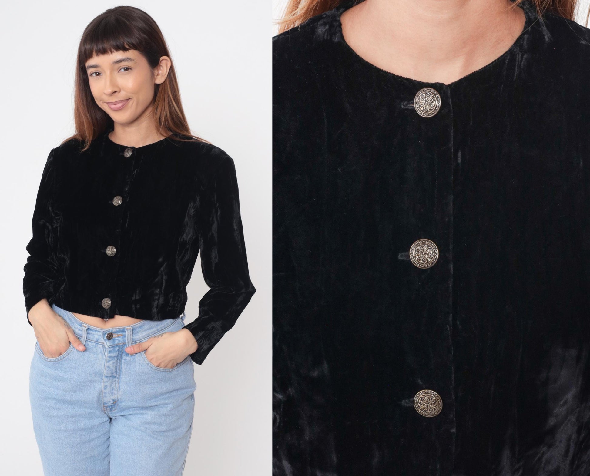 90s Black Velvet Cropped Jacket Button Front Round Neck Small S