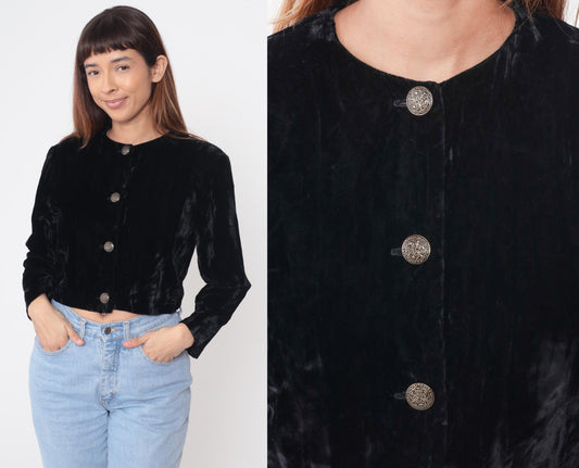 90s Black Velvet Cropped Jacket Button Front Round Neck Small S