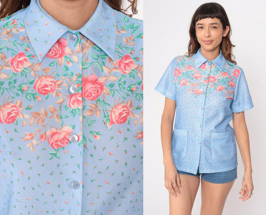 70s Light Blue Floral Shirt Pink Roses Button Up Short Sleeve Medium