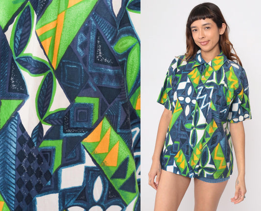 70s Hawaiian Shirt Geometric Abstract Print Button Front Cotton Blue Green Large