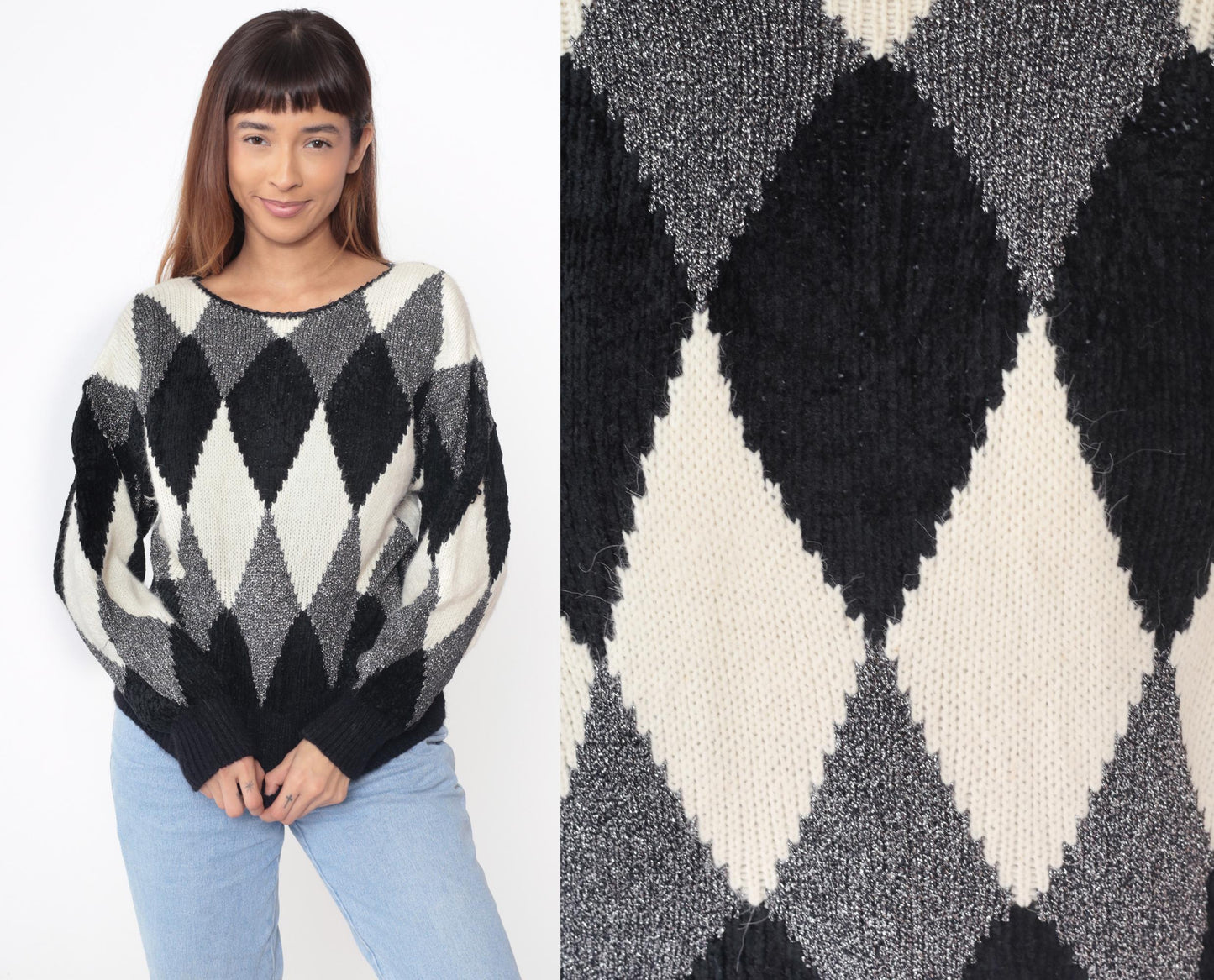 80s Liz Claiborne Diamond Harlequin Sweater Black White Metallic Medium