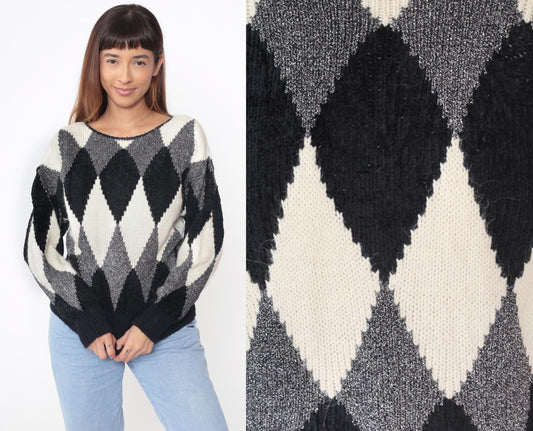 80s Liz Claiborne Diamond Harlequin Sweater Black White Metallic Medium