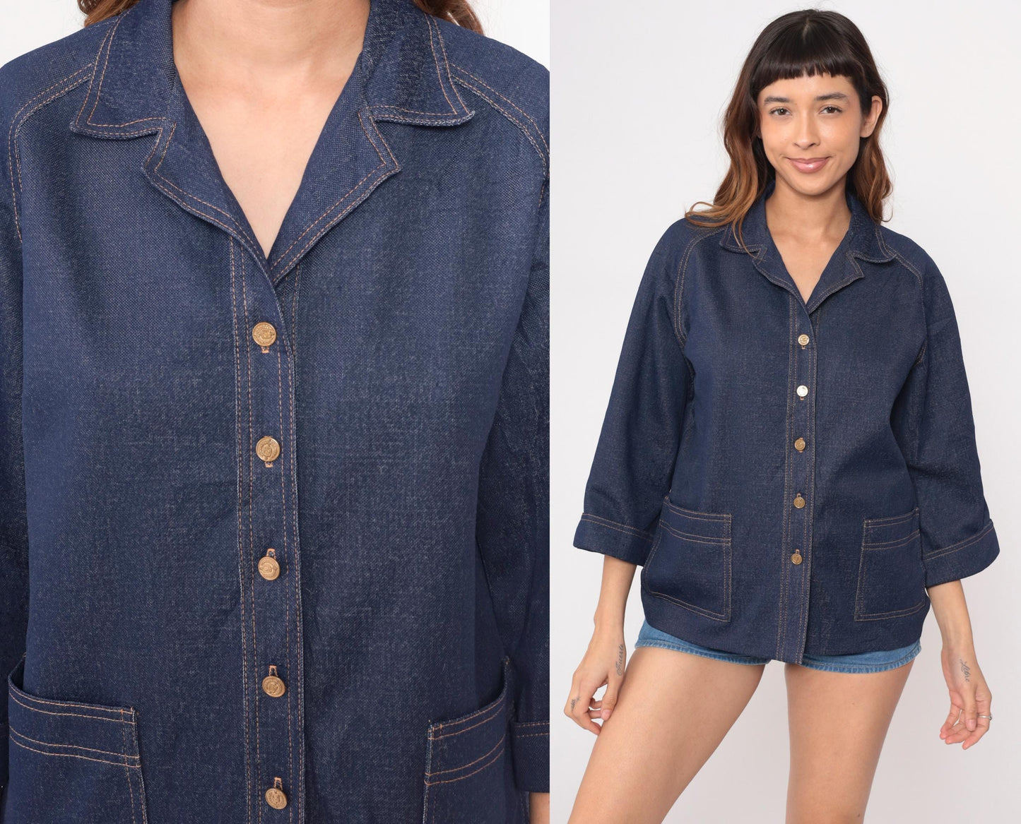 70s Graff Denim Blazer Dark Blue Wide Collar Gold Buttons Three Quarter Sleeve Medium