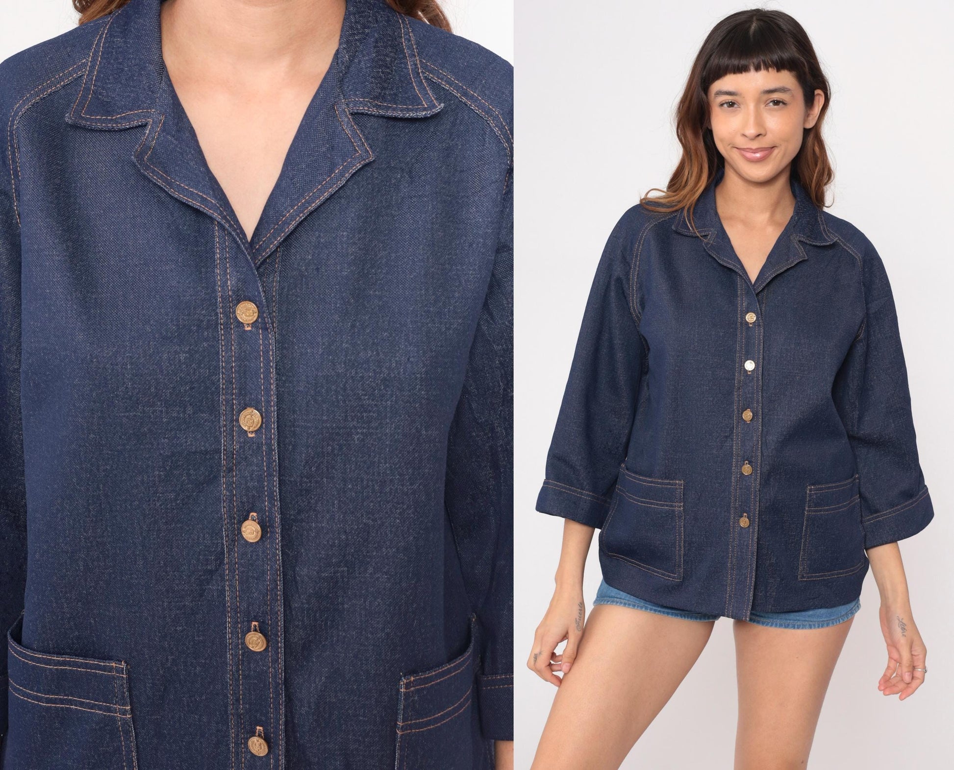 70s Graff Denim Blazer Dark Blue Wide Collar Gold Buttons Three Quarter Sleeve Medium