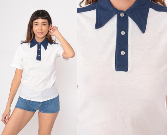 70s Macy's Pro Shop Polo Shirt White Navy Collar Stripes Medium M