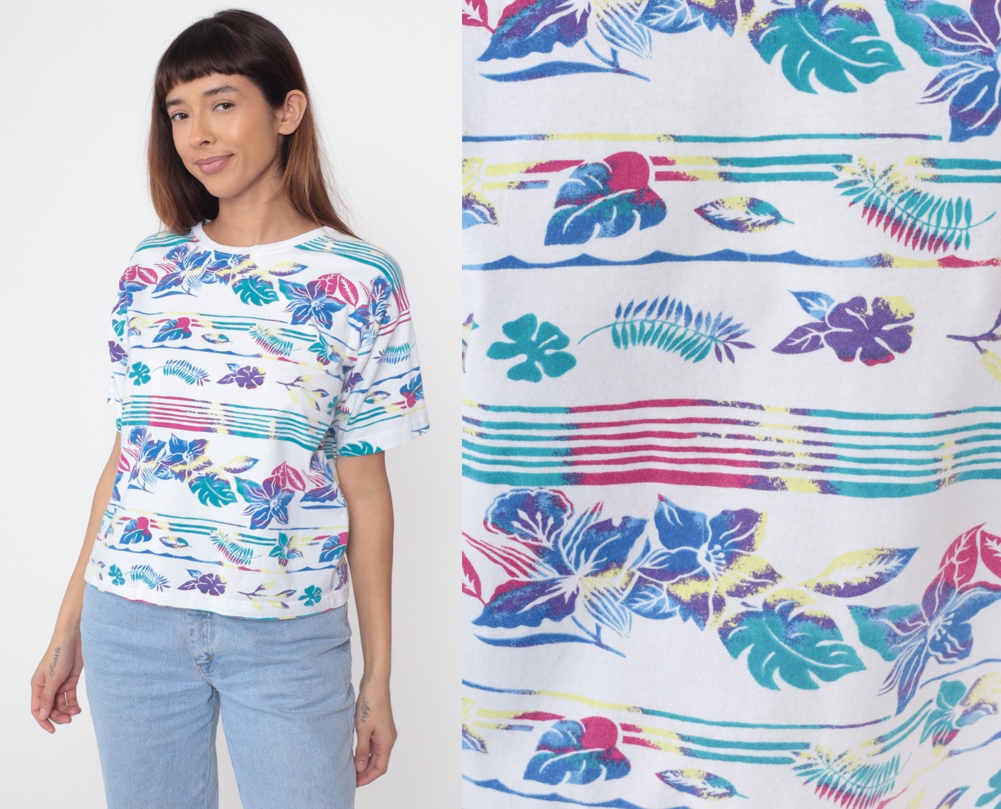 90s Victoria Jones Tropical Floral Striped Cotton Tee White Medium M