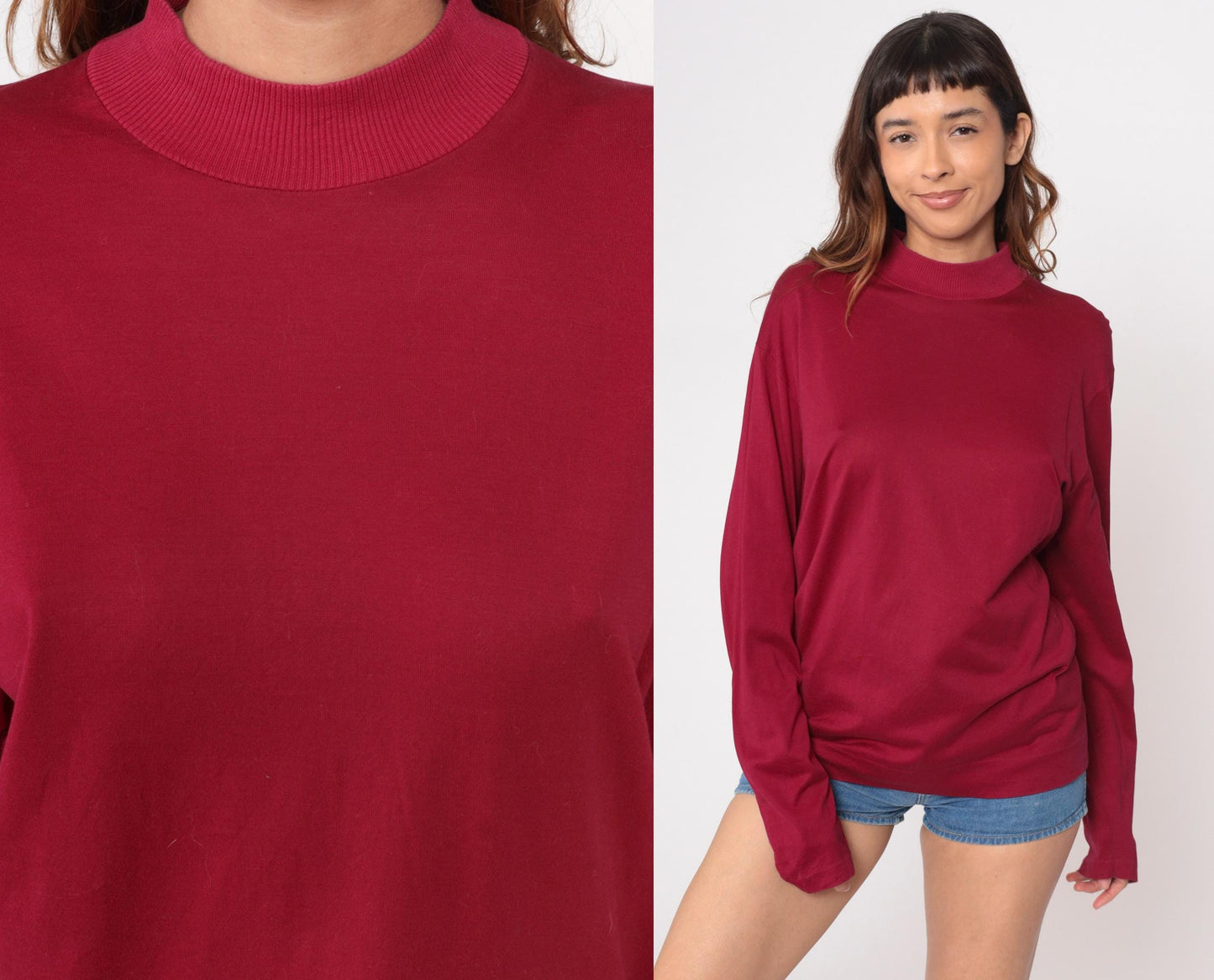 70s Burgundy Mock Neck Pullover Long Sleeve Knit Top Large L