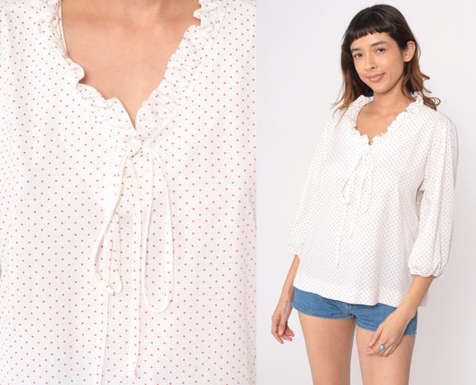 70s White Red Polka Dot Blouse Tie Front Puff Sleeve Large L
