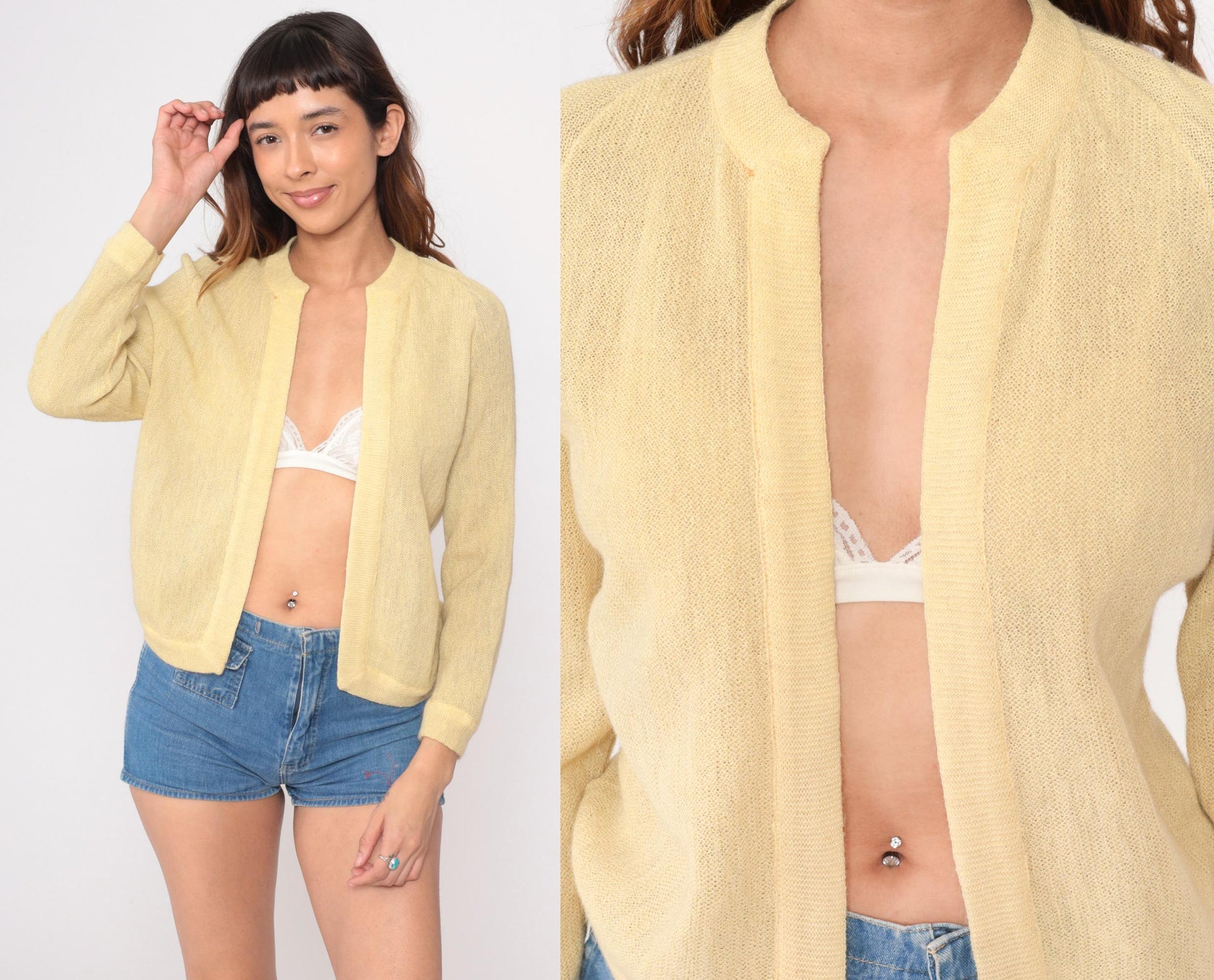 70s Wool Cardigan Pale Yellow Ribbed Knit Open Front Small S