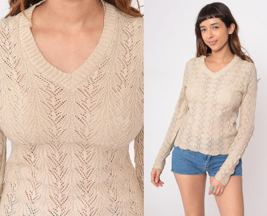 80s Vivanti Pointelle Sweater Cream Cotton V-Neck Chevron Knit Medium M