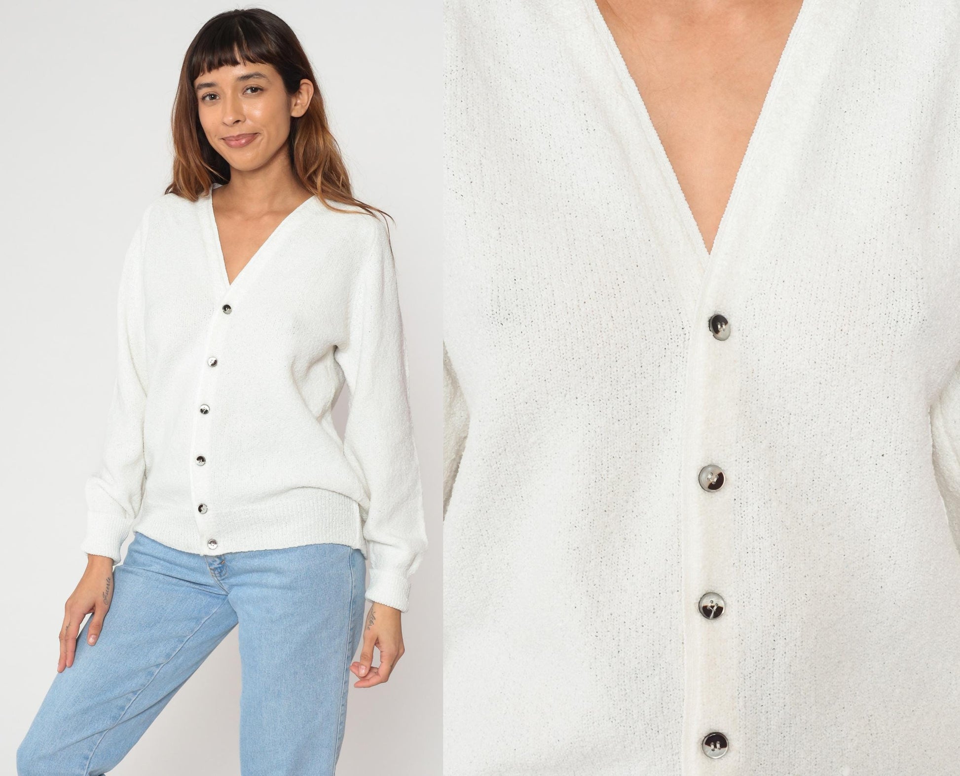 70s Cream Cardigan V-Neck Knit Sweater Silver Buttons Medium M
