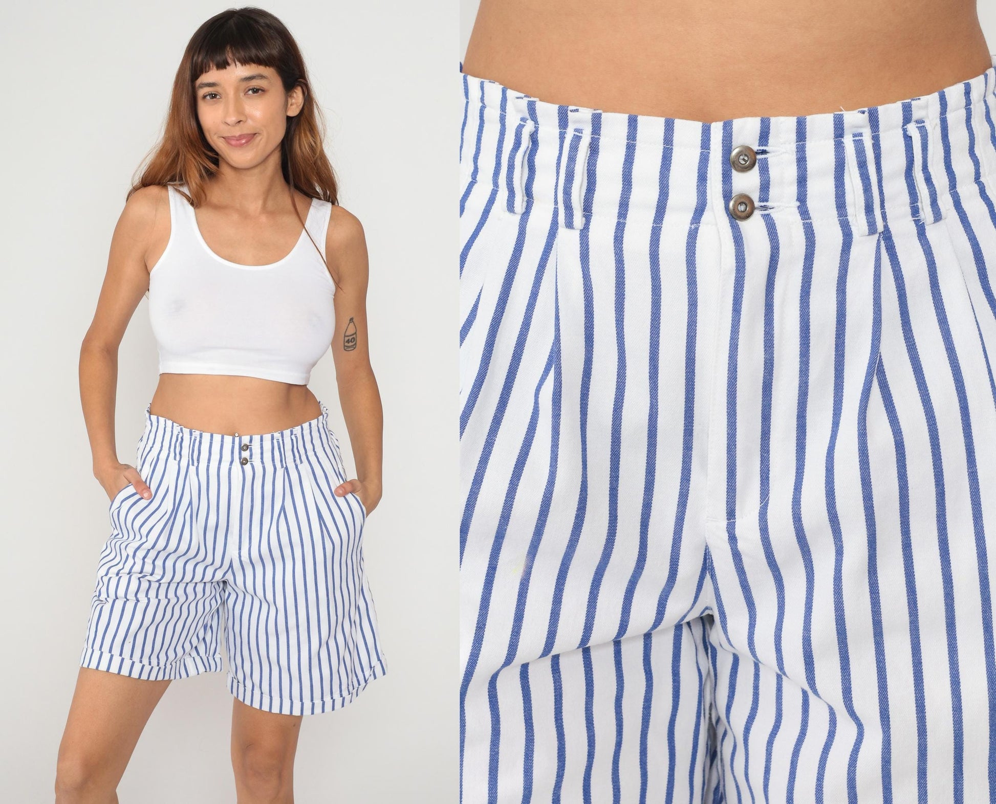 90s Liz Sport High-Waisted Striped Shorts Blue White Cotton Small