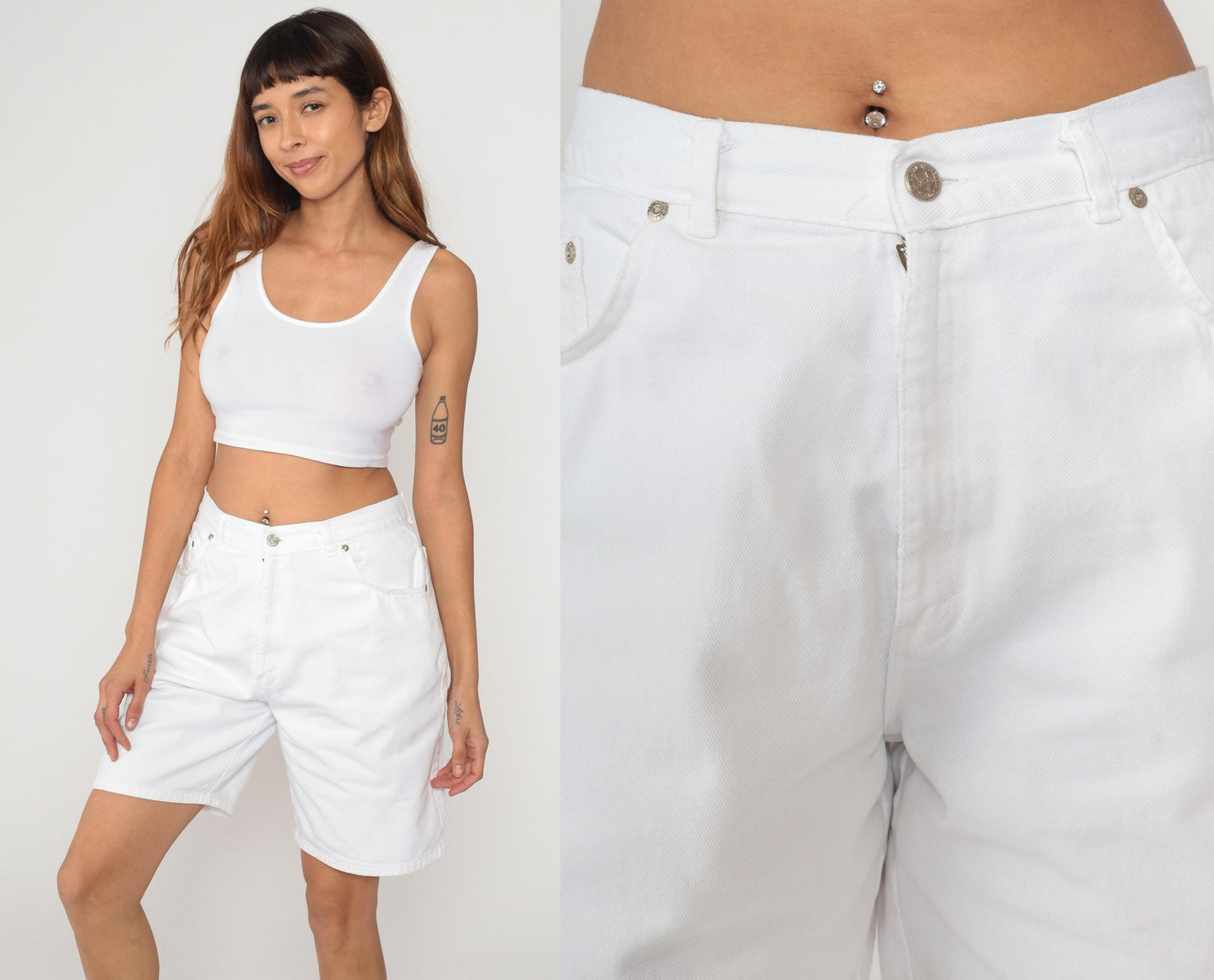 90s American Weekend White Cotton Shorts High Waisted Button Fly Large L