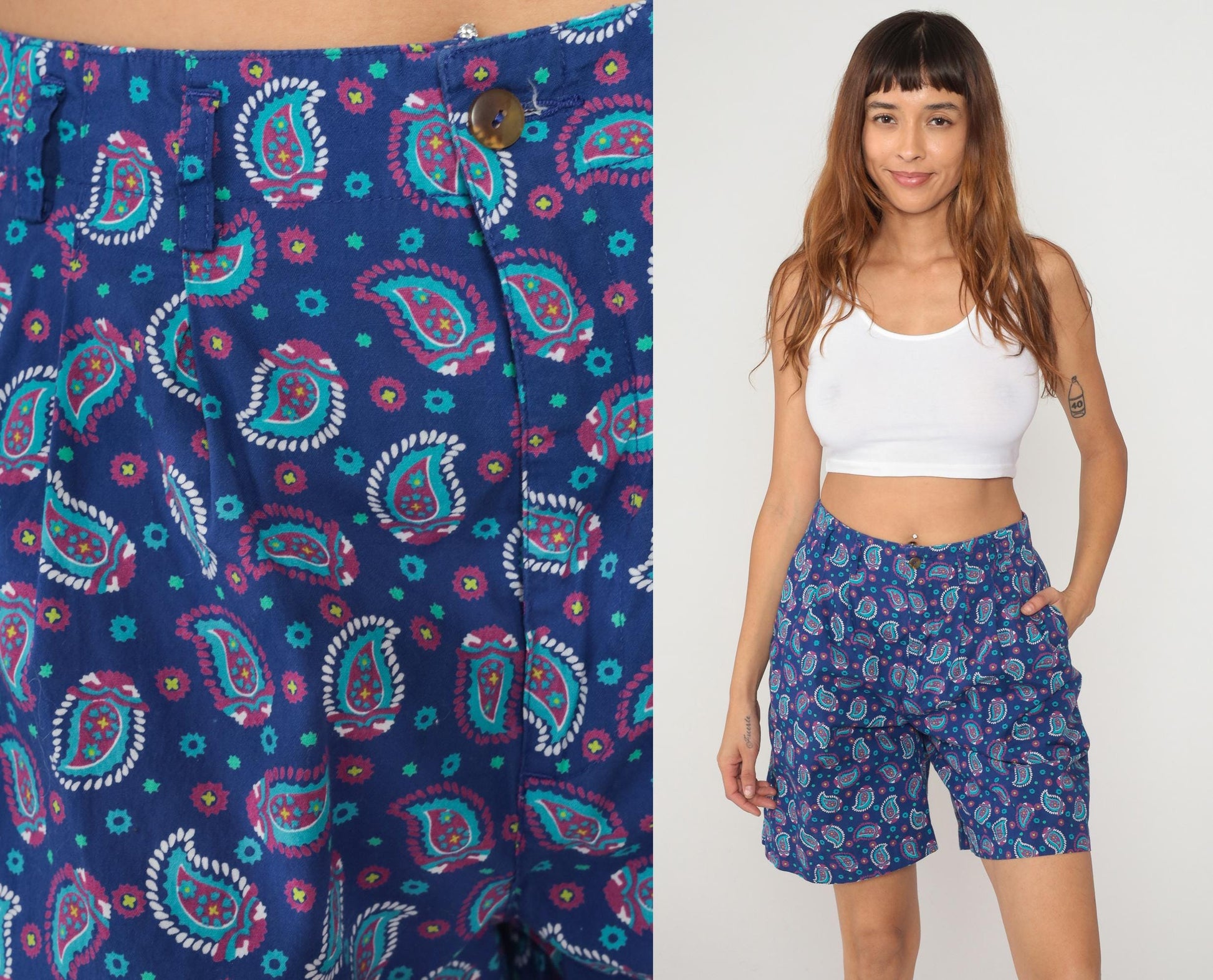 90s Liz Sport Paisley Shorts High Waisted Cotton Navy Medium