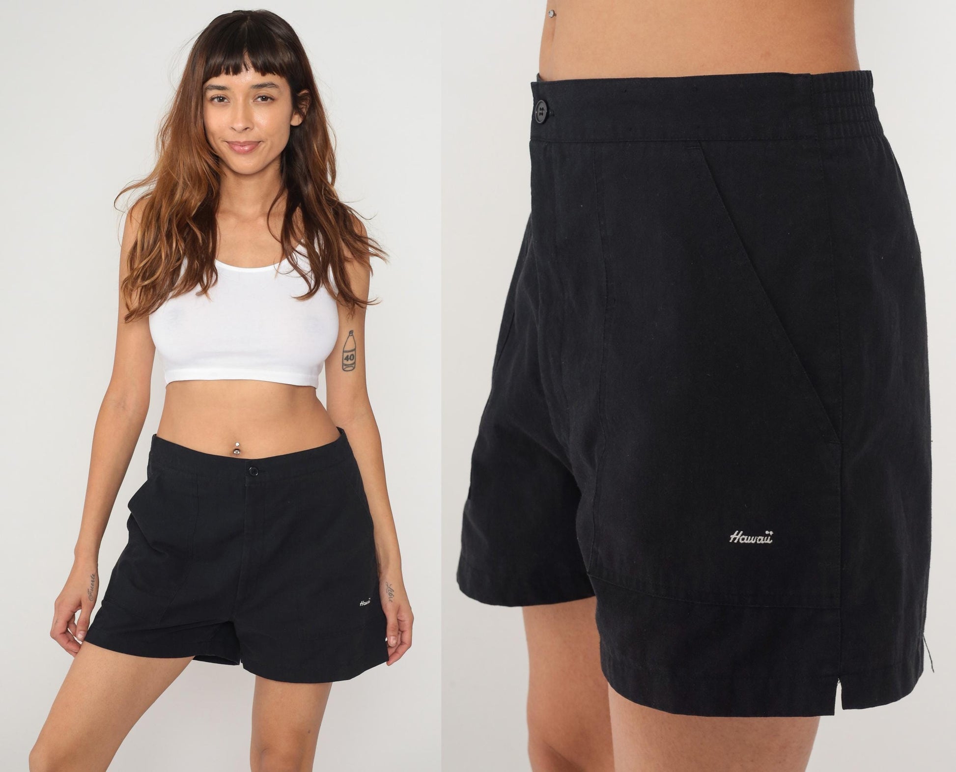90s Sea Waves Hawaii Black Shorts Button Front High Rise Cotton Large