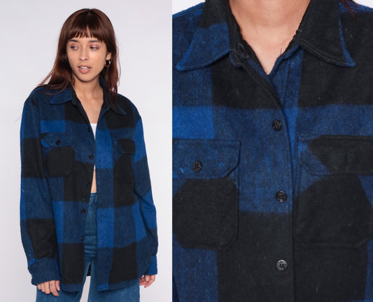 70s Bronzini Buffalo Plaid Flannel Shirt Wool Blend Blue Black Large