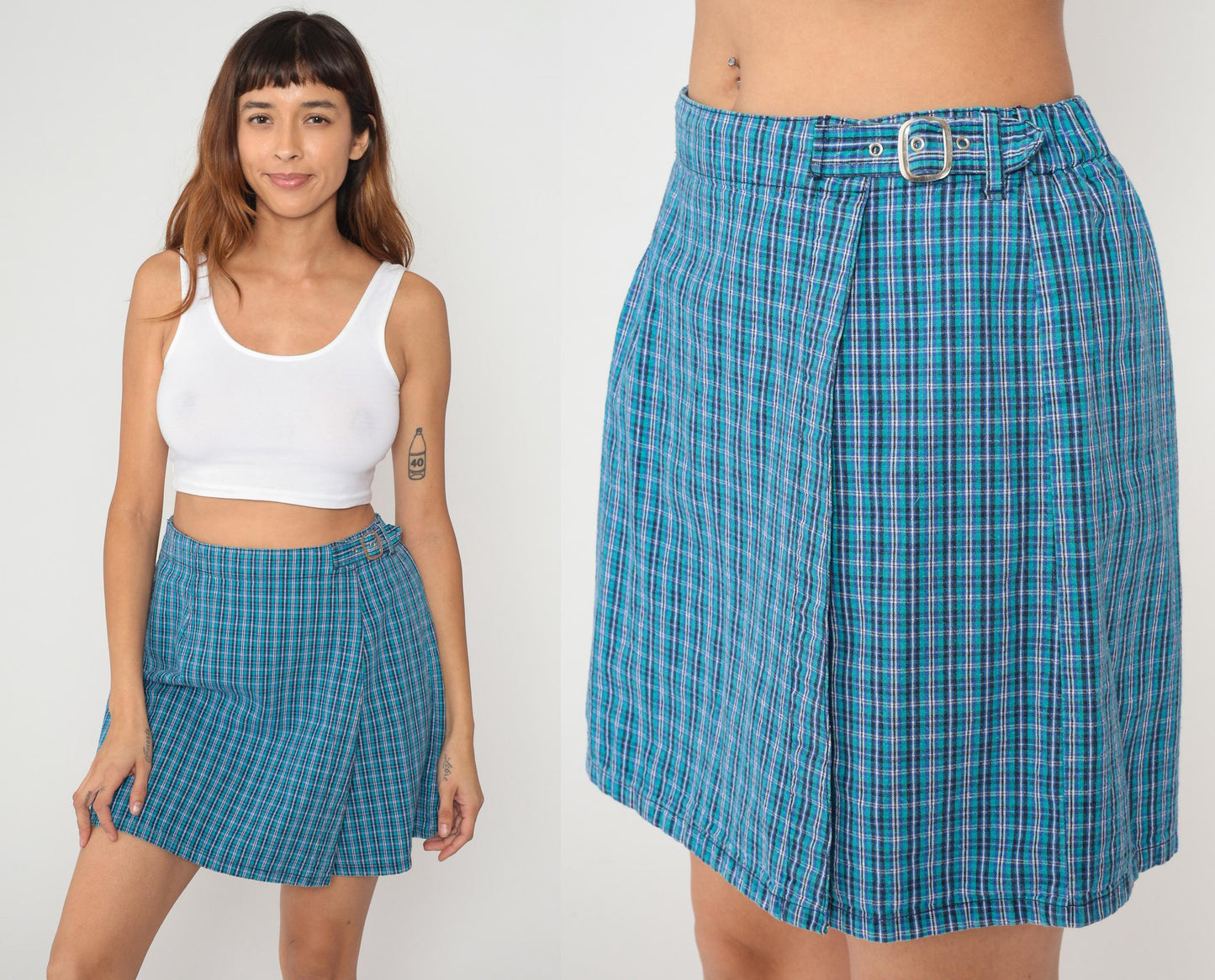 Y2K White Stag Blue Plaid Skort High Waisted Cotton Mini Medium