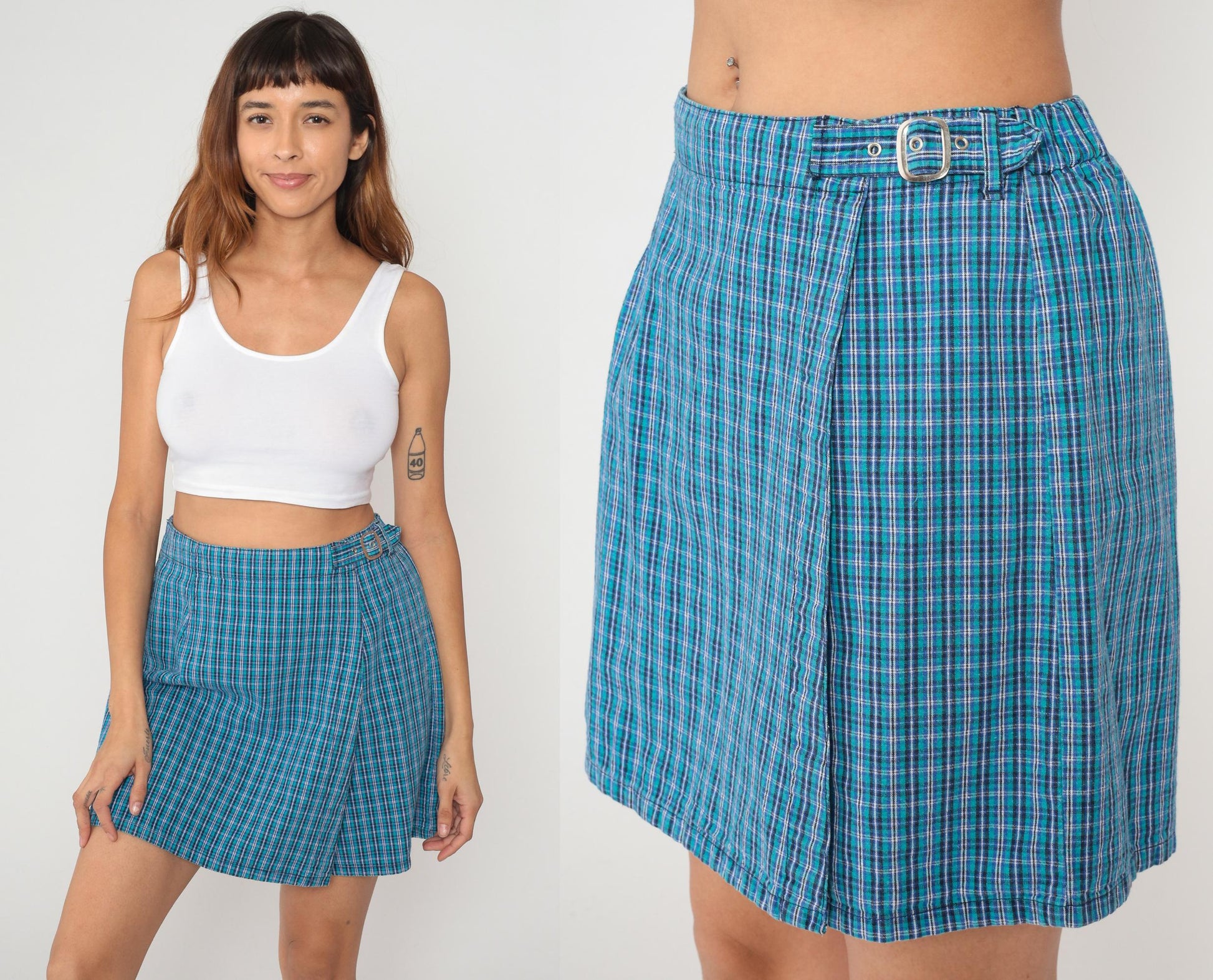 Y2K White Stag Blue Plaid Skort High Waisted Cotton Mini Medium