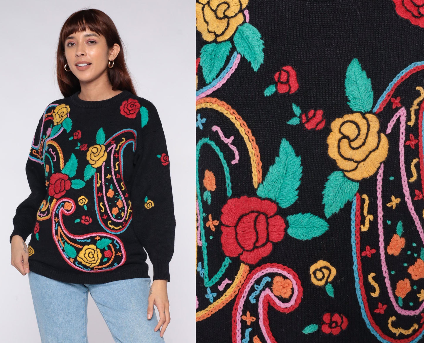 90s Western Connection Black Embroidered Paisley Sweater Snakes Roses Small