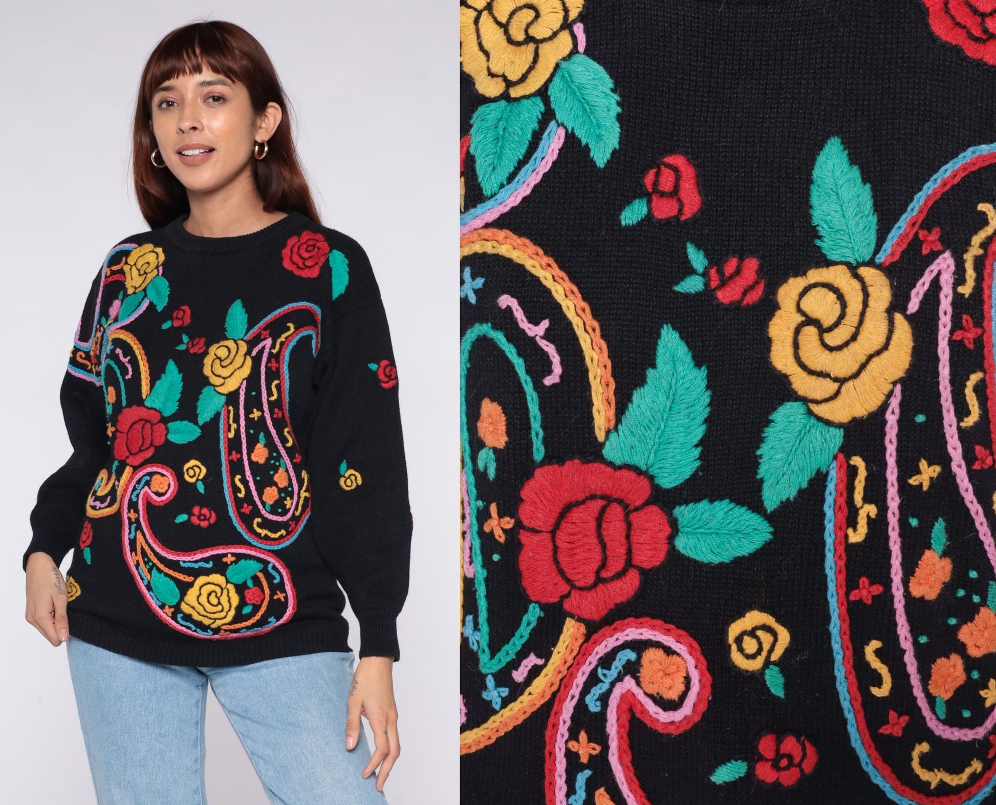 90s Western Connection Black Embroidered Paisley Sweater Snakes Roses Small