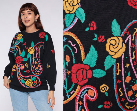90s Western Connection Black Embroidered Paisley Sweater Snakes Roses Small