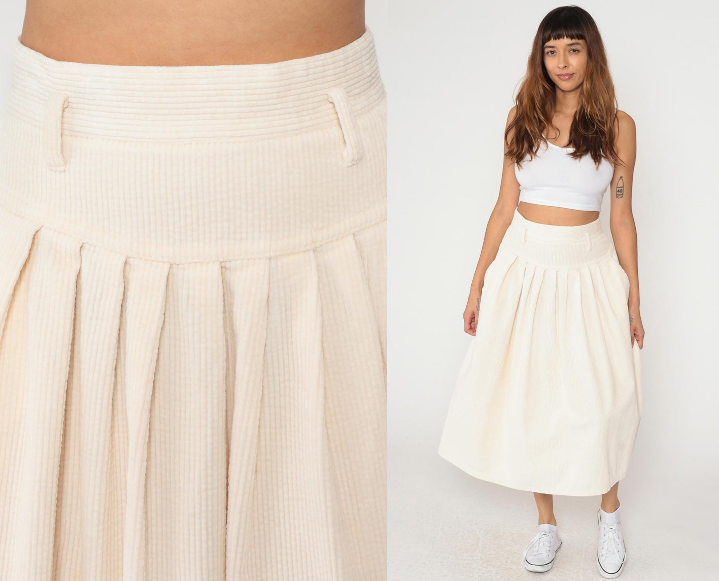 90s Boundary Waters Cream Corduroy Pleated Skirt High Waist Knee Length Large