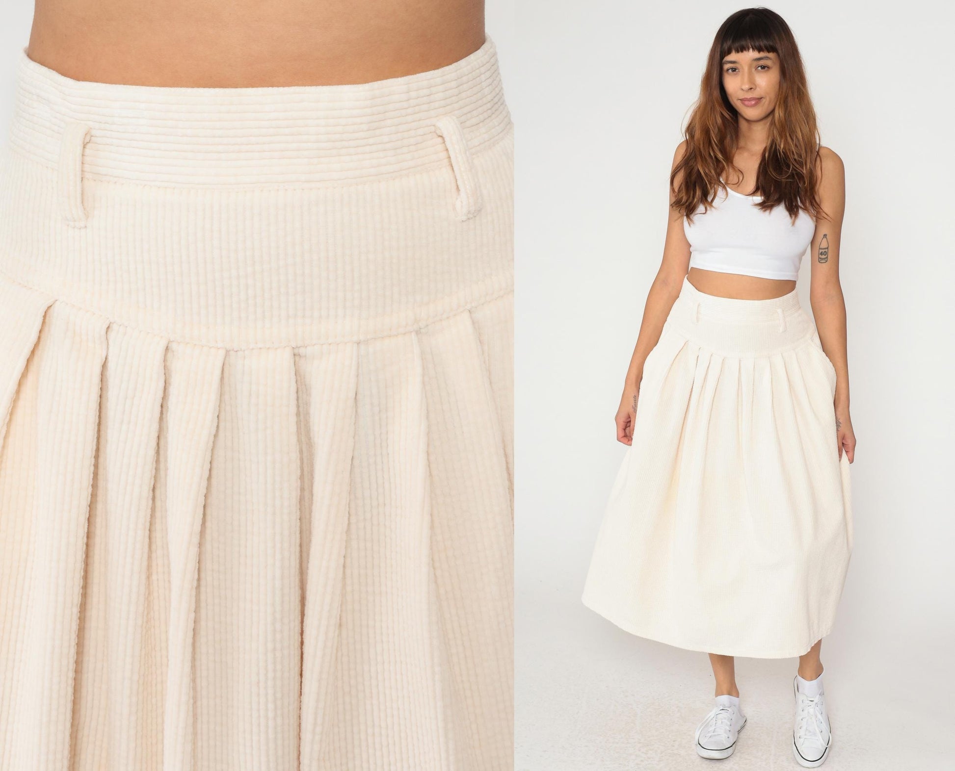 90s Boundary Waters Cream Corduroy Pleated Skirt High Waist Knee Length Large
