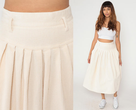 90s Boundary Waters Cream Corduroy Pleated Skirt High Waist Knee Length Large